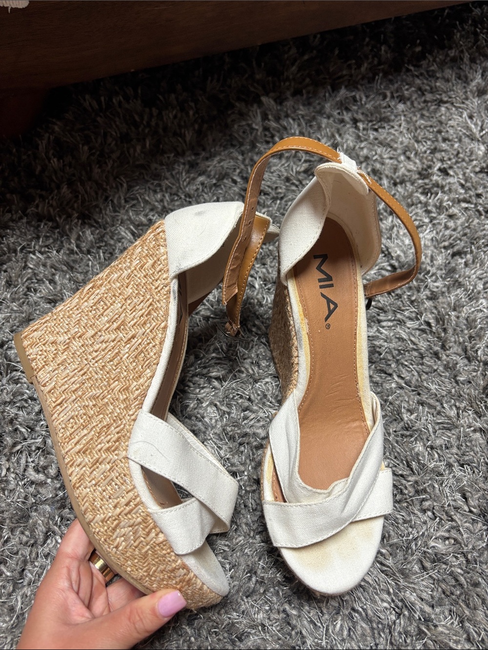 MIA Cream and Tan Wedge Sandals with Ankle Strap